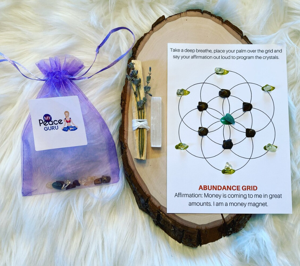Abundance crystal grid kit with affirmation card, lavender, selenite and crystal pouch